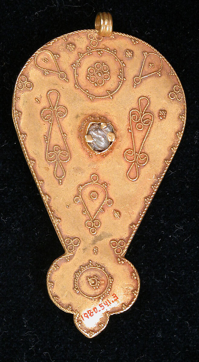 Pendant, Gold; granulation, set with pearls, turquoise and pink tourmaline