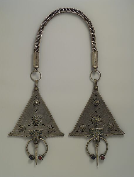 Pair of Fibulae, Silver, enameled glass 