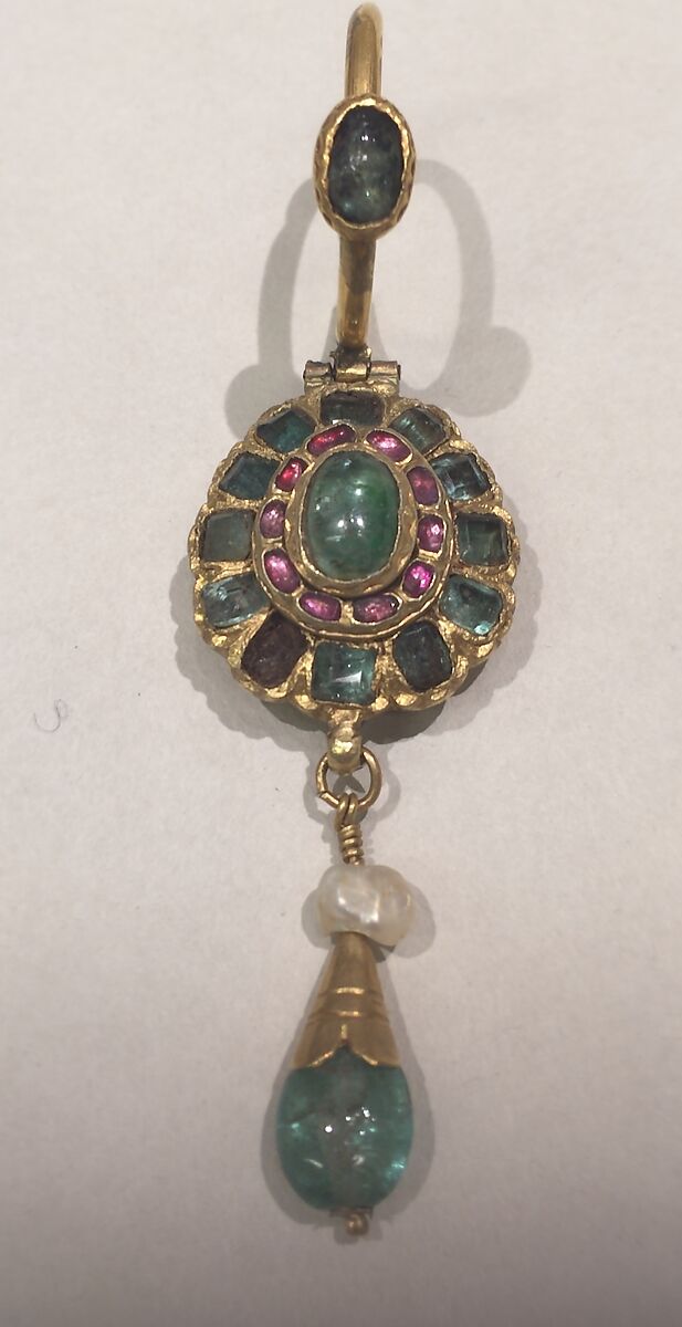 Earring, One of a Pair, Gold, emerald, ruby, champlevé enamel, and pearl
