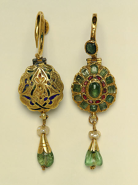Earring, One of a Pair, Gold, emerald, ruby, champlevé enamel, and pearl 