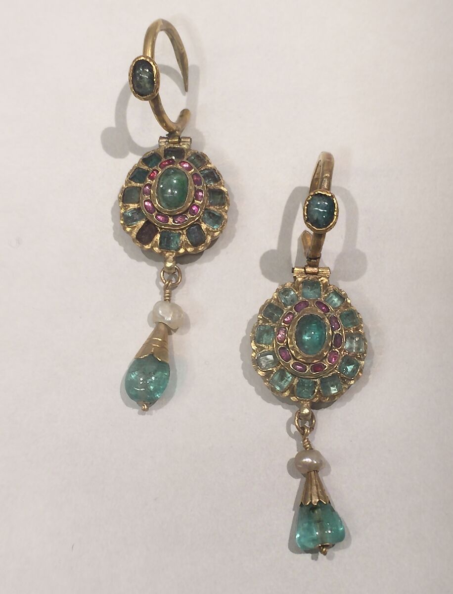 Earring, One of a Pair, Gold, emerald, ruby, champlevé enamel, and pearl