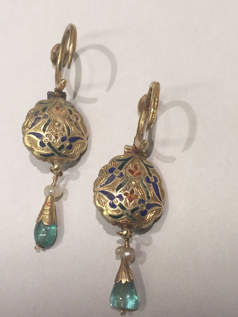 Earring, One of a Pair, Gold, emerald, ruby, champlevé enamel, and pearl