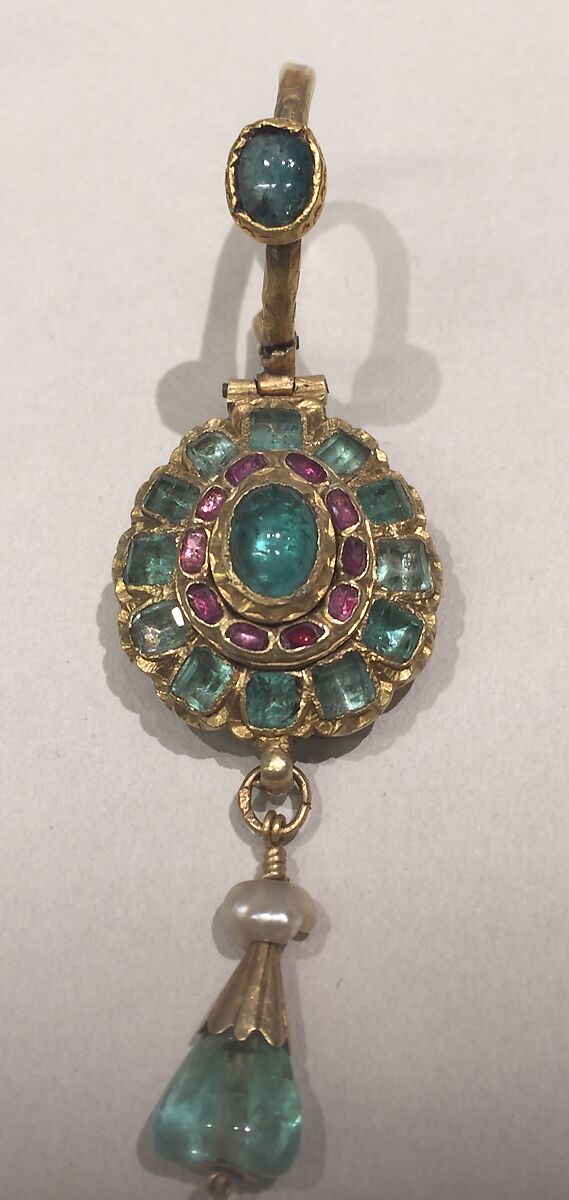 Earring, One of a Pair, Gold, emerald, ruby, champlevé enamel, and pearl