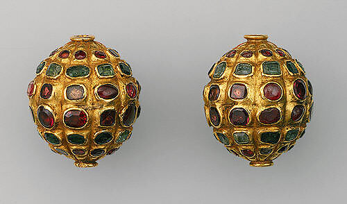 Bead, One of a Pair, Gold, emeralds, rubies, and/or garnets 