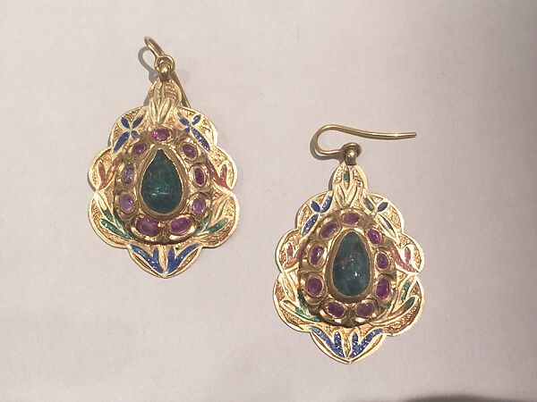 Earring, One of a Pair, Gold, emerald, ruby, and champlevé enamel 