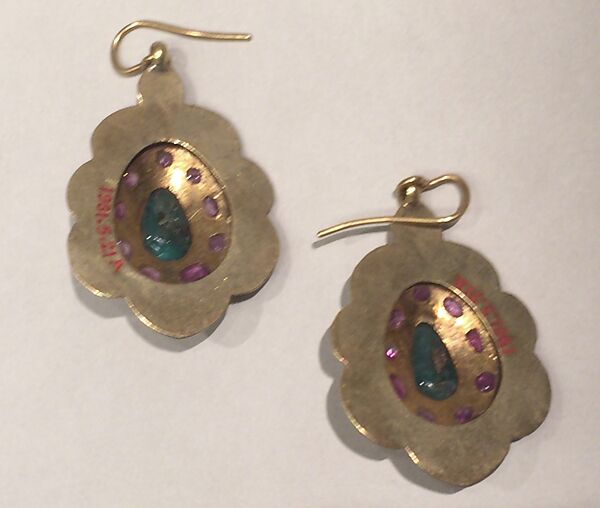 Earring, One of a Pair, Gold, emerald, ruby, and champlevé enamel