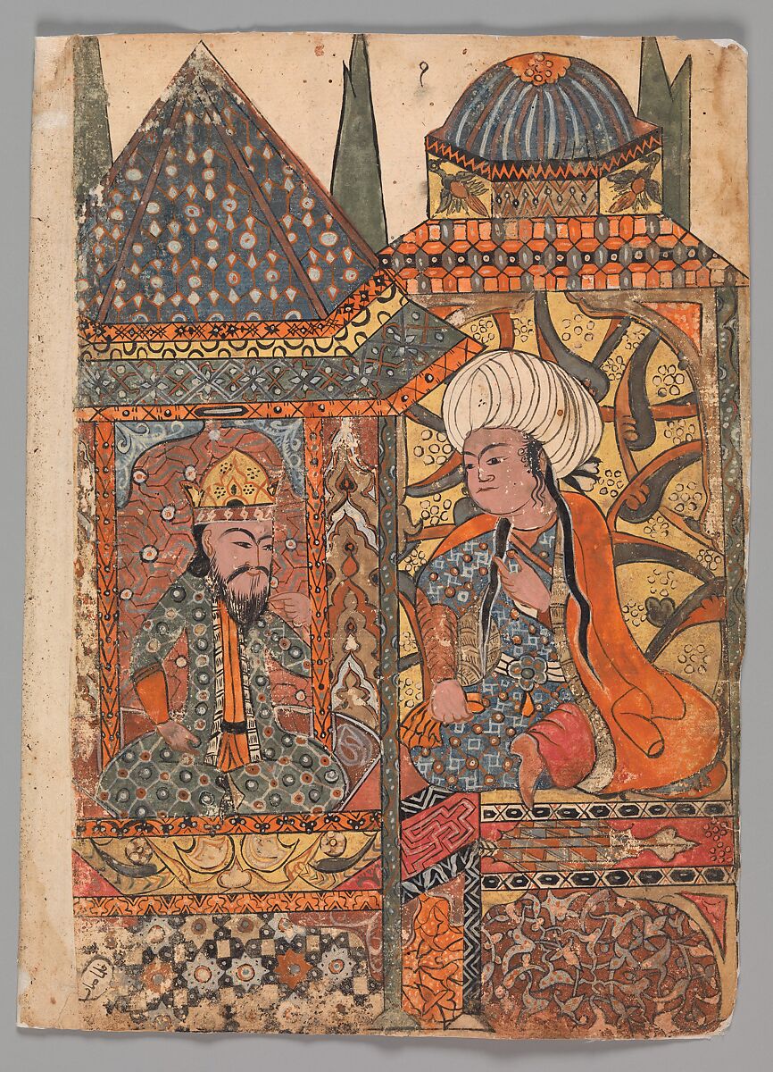 "Burzuyeh is Summoned by Nushirvan on his Return from India", Folio from a Kalila wa Dimna, Ink and opaque watercolor on paper 