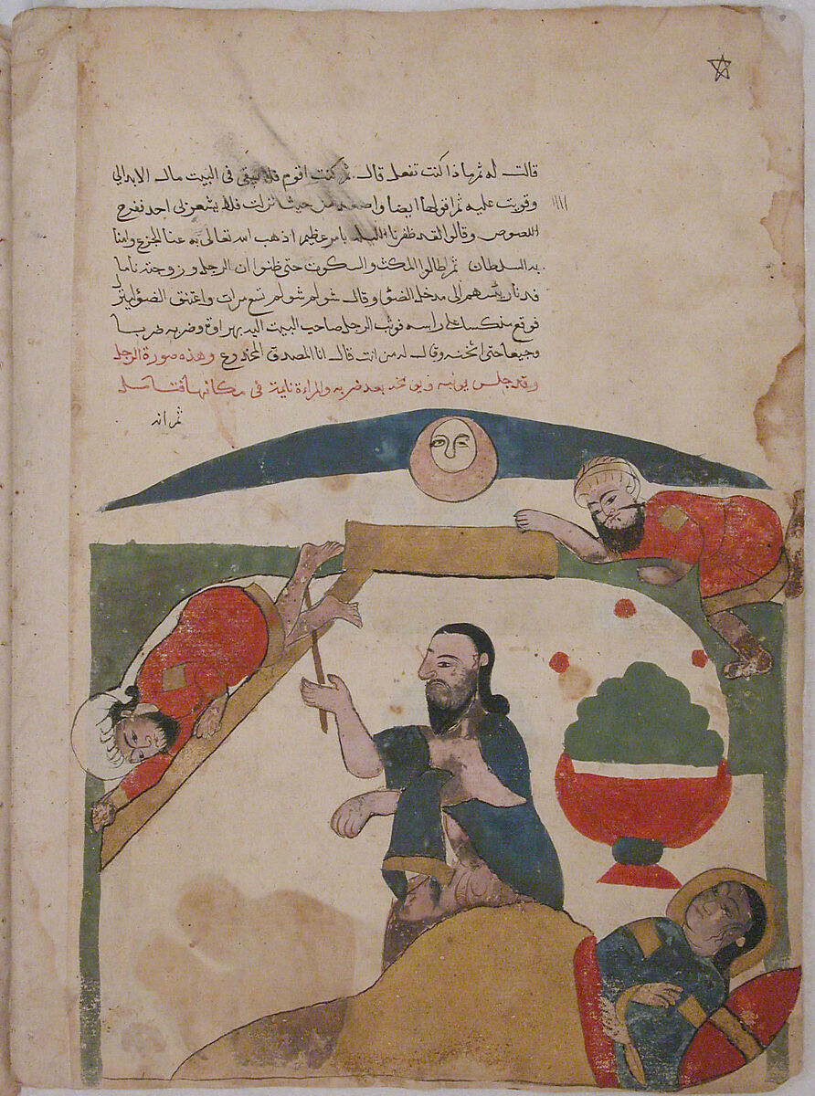"The Thief Falls Through the Skylight in the Bedroom", Folio from a Kalila wa Dimna, Ink and opaque watercolor on paper