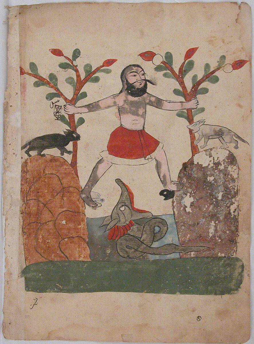 "Man's Fate or the Man Taking Refuge in a Well Inhabited by a Dragon", Folio from a Kalila wa Dimna, Ink and opaque watercolor on paper