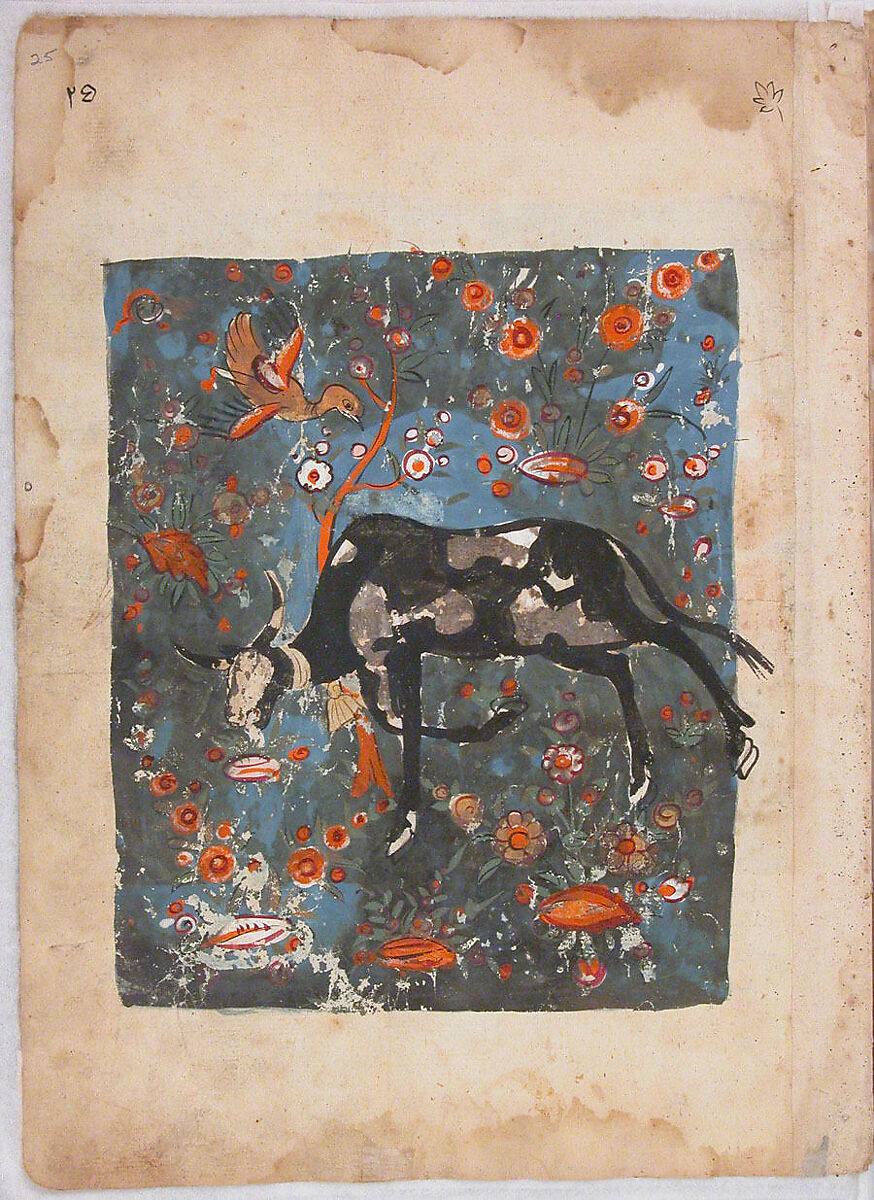 "The Ox Shanzabeh Left Behind, Grazing in the Territory of the Lion King", Folio from a Kalila wa Dimna, Ink and opaque watercolor on paper