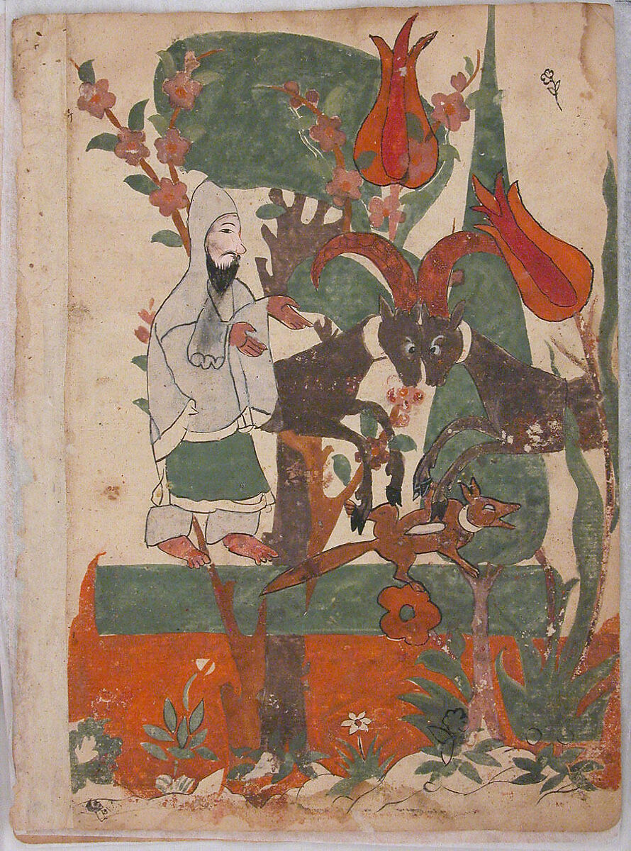 "The Fox and the Battling Rams Observed by the Ascetic", Folio from a Kalila wa Dimna, Ink and opaque watercolor on paper