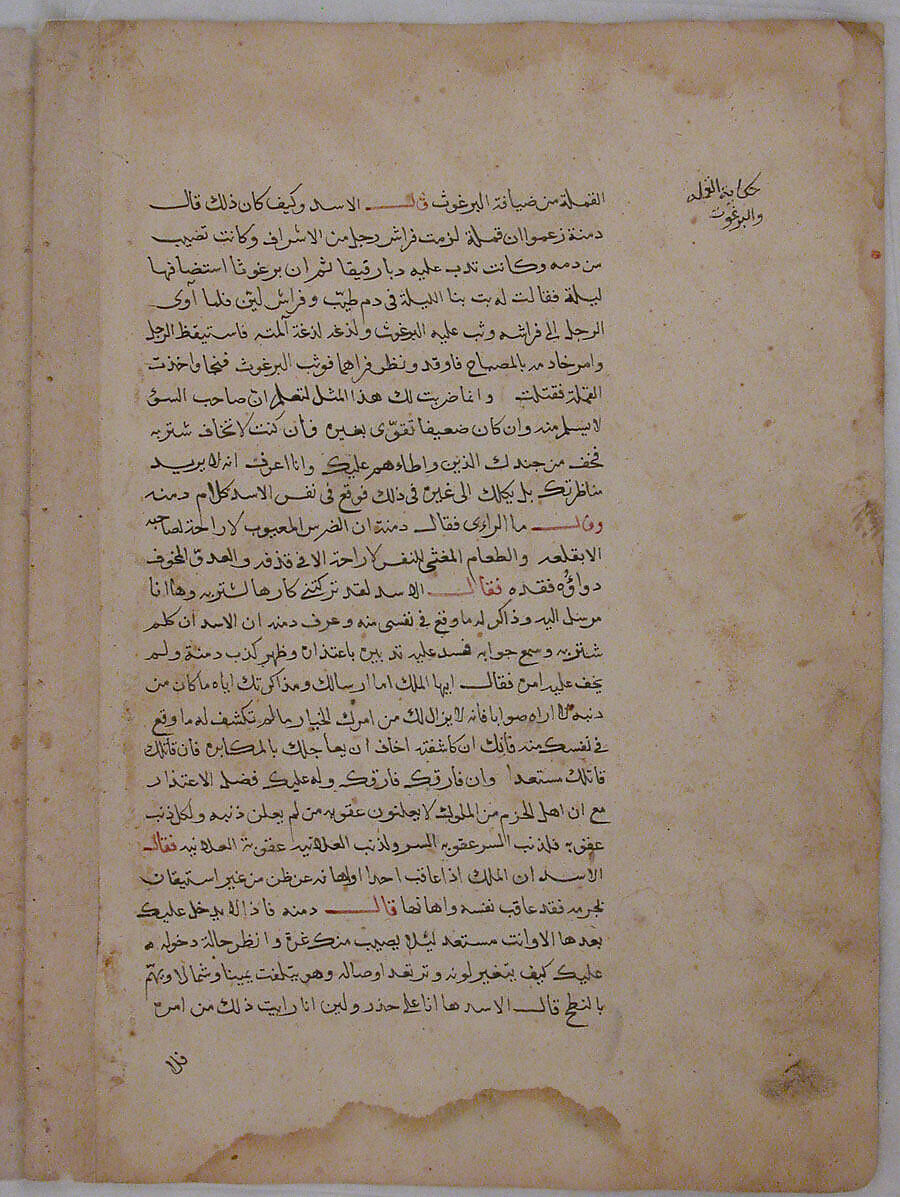 Page of Calligraphy from a Kalila wa Dimna, Ink and opaque watercolor on paper 