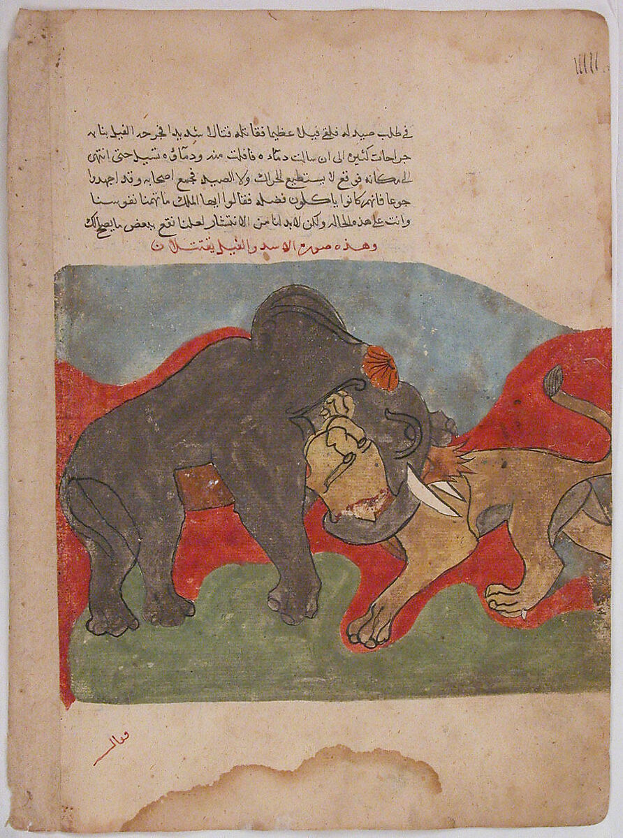 "The Lion and the Elephant Fighting", Folio from a Kalila wa Dimna, Ink and opaque watercolor on paper