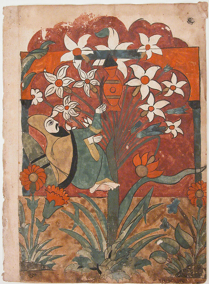 "The Ascetic Strikes a Jar of Honey and Oil with his Staff While Daydreaming", Folio from a Kalila wa Dimna, Ink and opaque watercolor on paper