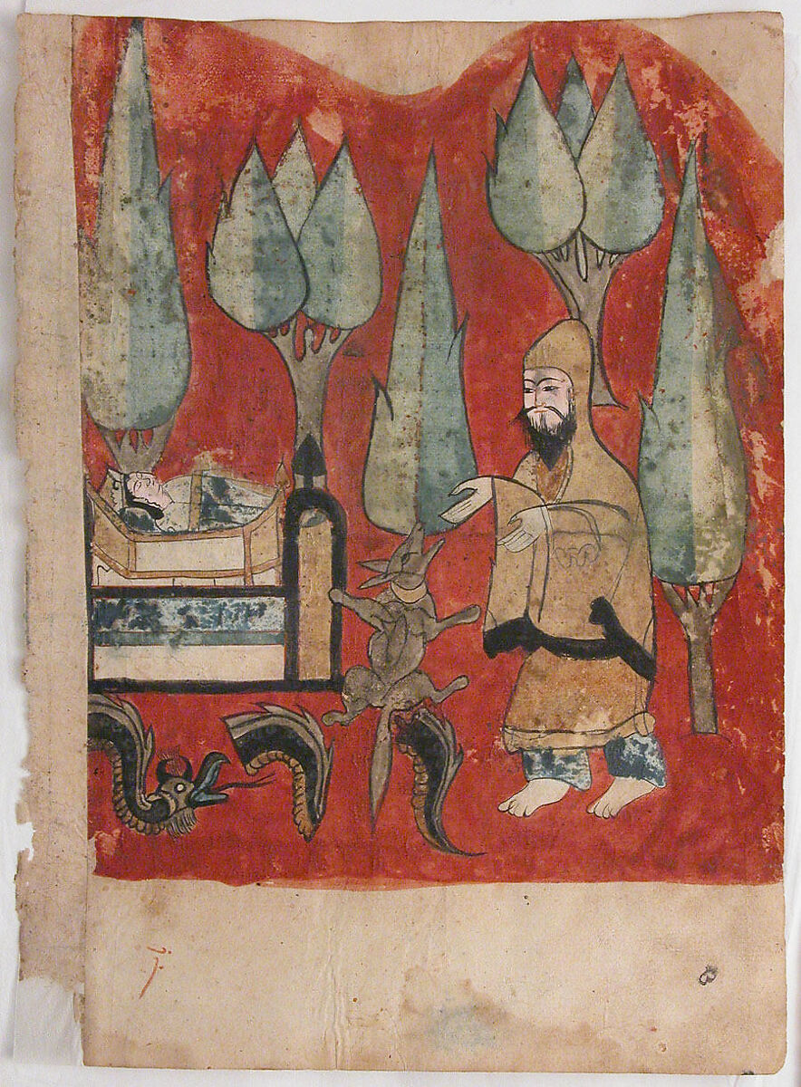 "The Ascetic Finds his Son Alive in his Crib", Folio from a Kalila wa Dimna, Ink and opaque watercolor on paper