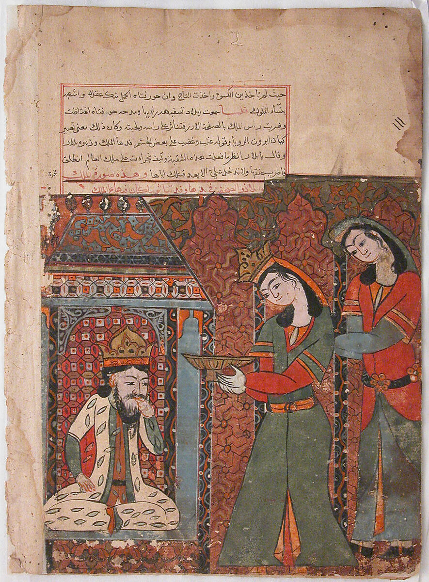 "Ilar (or Irakht) About to Throw the Bowl of Rice at the King", Folio from a Kalila wa Dimna, Ink and opaque watercolor on paper