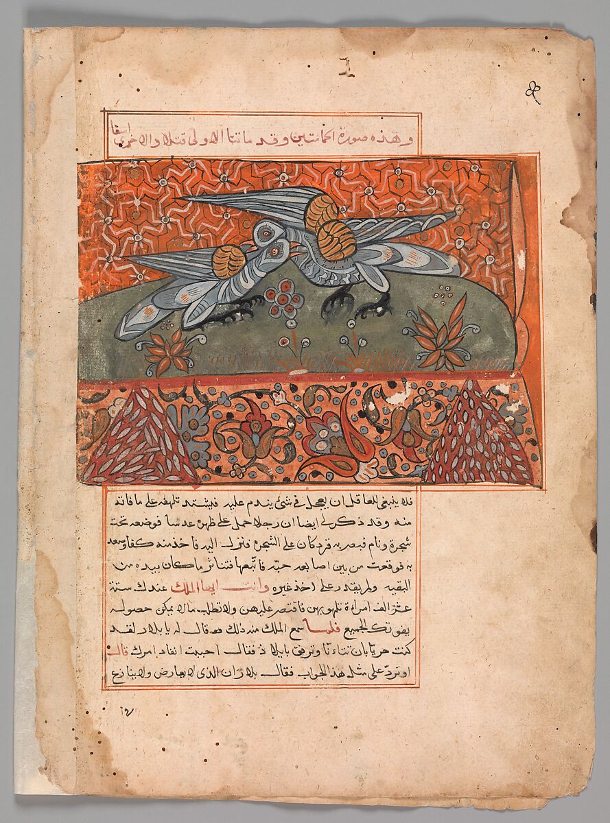 "The Male Dove Pecking the Female Dove", Folio from a Kalila wa Dimna, Ink and opaque watercolor on paper 