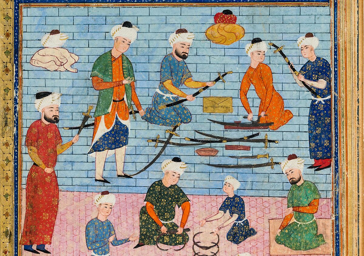 An Arms Workshop, Ink, opaque watercolor, and gold on paper