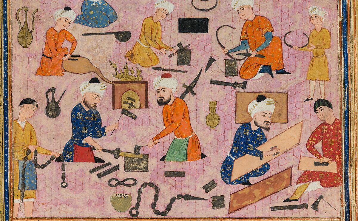 An Arms Workshop, Ink, opaque watercolor, and gold on paper