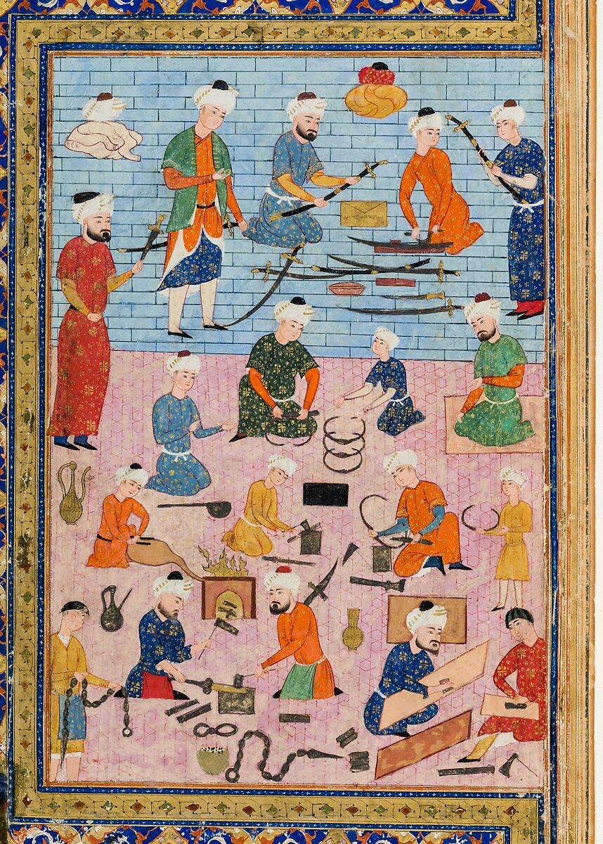 An Arms Workshop, Ink, opaque watercolor, and gold on paper