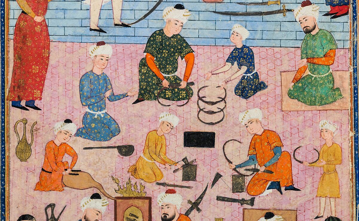 An Arms Workshop, Ink, opaque watercolor, and gold on paper