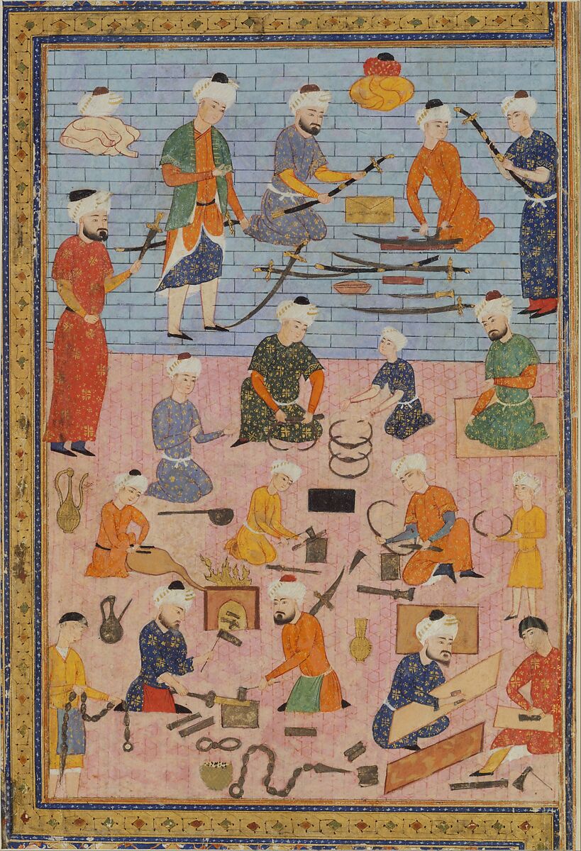 An Arms Workshop, Ink, opaque watercolor, and gold on paper