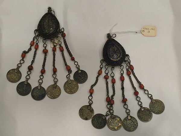 Fibula (One of a Pair), SIlver, enamel, coral