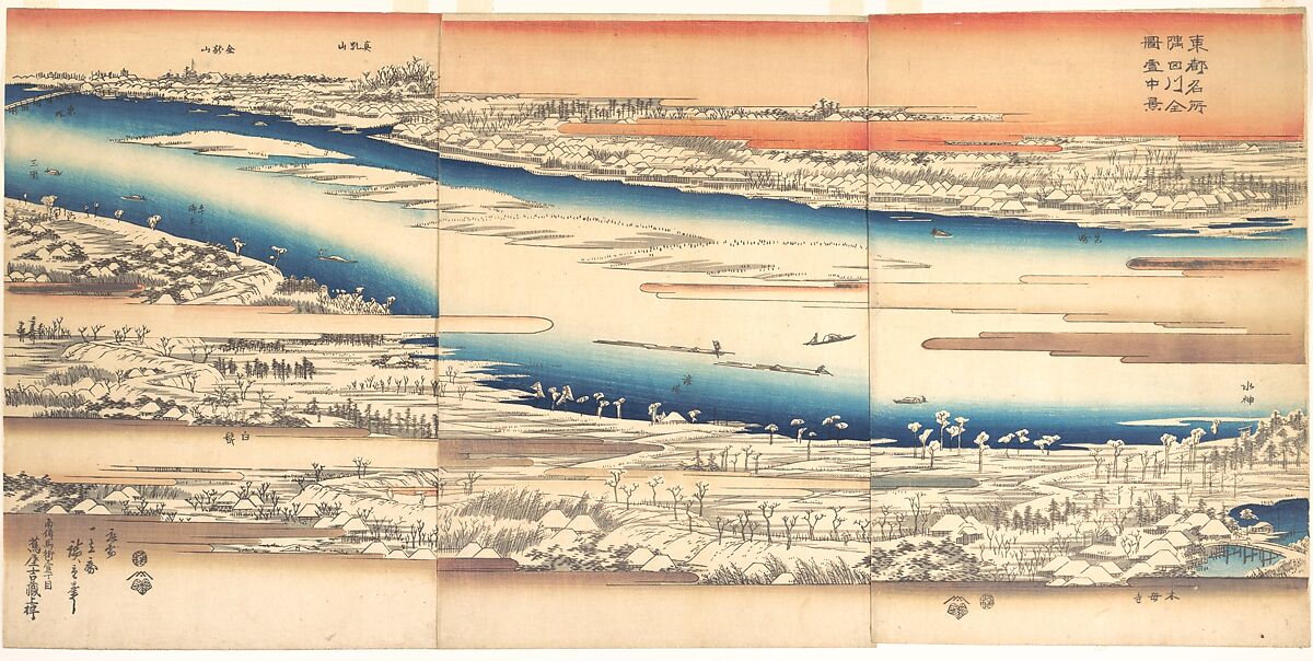 Celebrated Places in the Eastern Capital: Panoramic View of the Sumida River in Snow, Utagawa Hiroshige (Japanese, Tokyo (Edo) 1797–1858 Tokyo (Edo)), Triptych of woodblock prints; ink and color on paper, Japan 