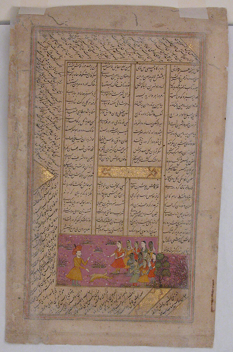 "Khusrau and Shirin Conversing in Landscape at Night", Folio from a Khamsa (Quintet) of Nizami of Ganja, Nizami (present-day Azerbaijan, Ganja 1141–1209 Ganja), Ink, opaque watercolor, and gold on unpolished paper