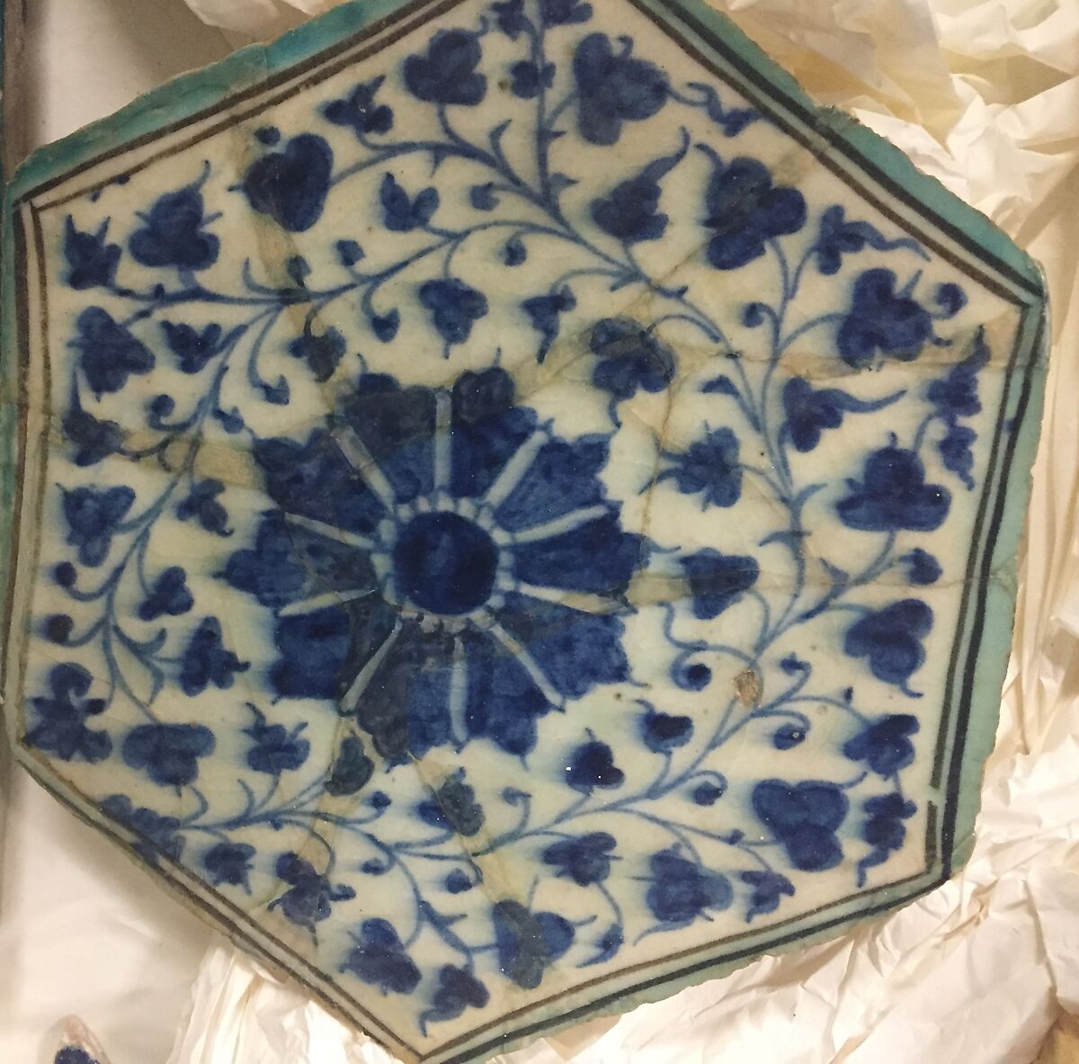 Hexagonal Tile, Stonepaste; painted under transparent glaze 