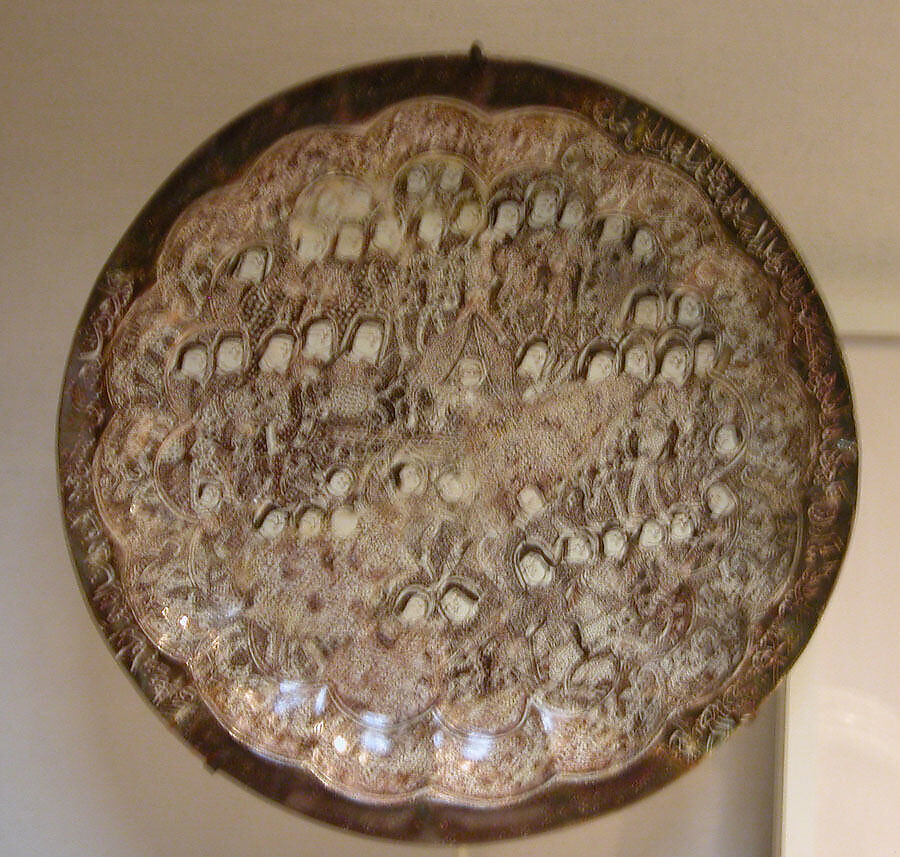 Dish depicting a Wedding Procession, Stonepaste; molded, luster-painted on opaque white glaze