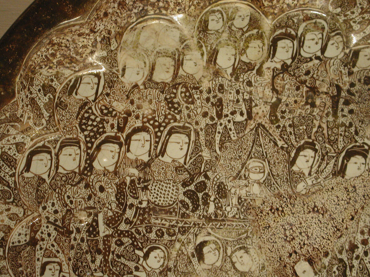 Dish depicting a Wedding Procession, Stonepaste; molded, luster-painted on opaque white glaze