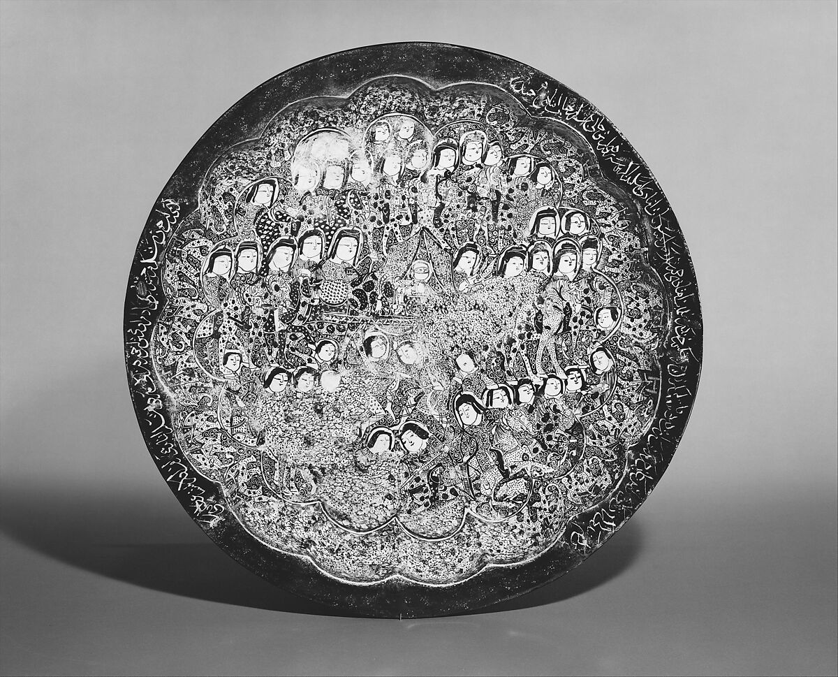 Dish depicting a Wedding Procession, Stonepaste; molded, luster-painted on opaque white glaze