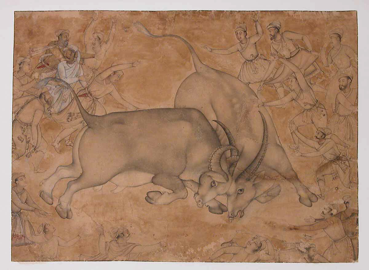 Buffaloes in Combat, Attributed to Miskin (active ca. 1570–1604), Ink, watercolor, and gold on paper