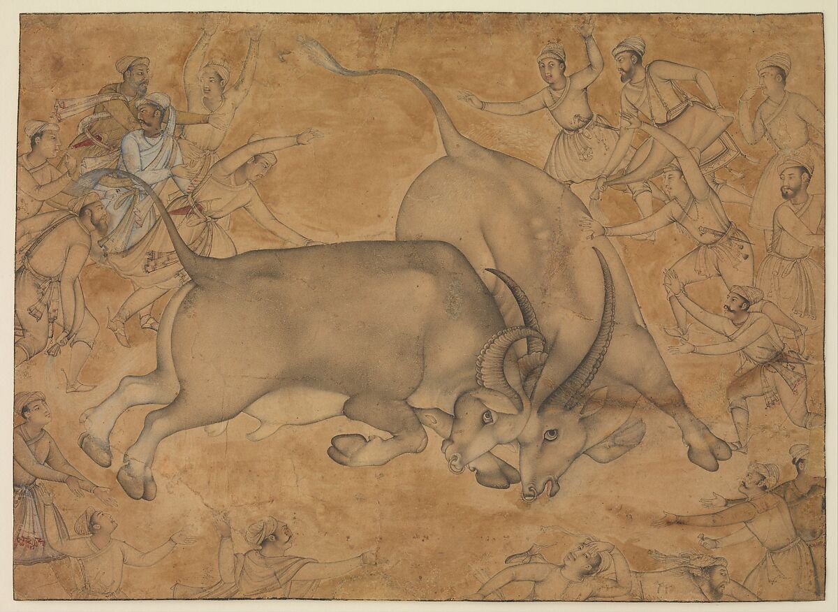 Buffaloes in Combat, Attributed to Miskin (active ca. 1570–1604), Ink, watercolor, and gold on paper 