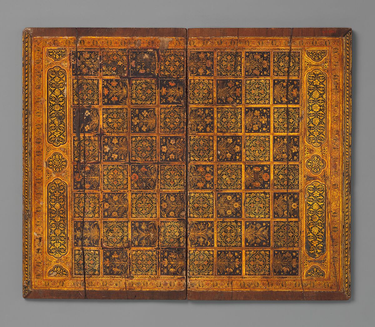 Painted and Inlaid Game Board, Wood; painted, varnished and gilded; with metal hinges 
