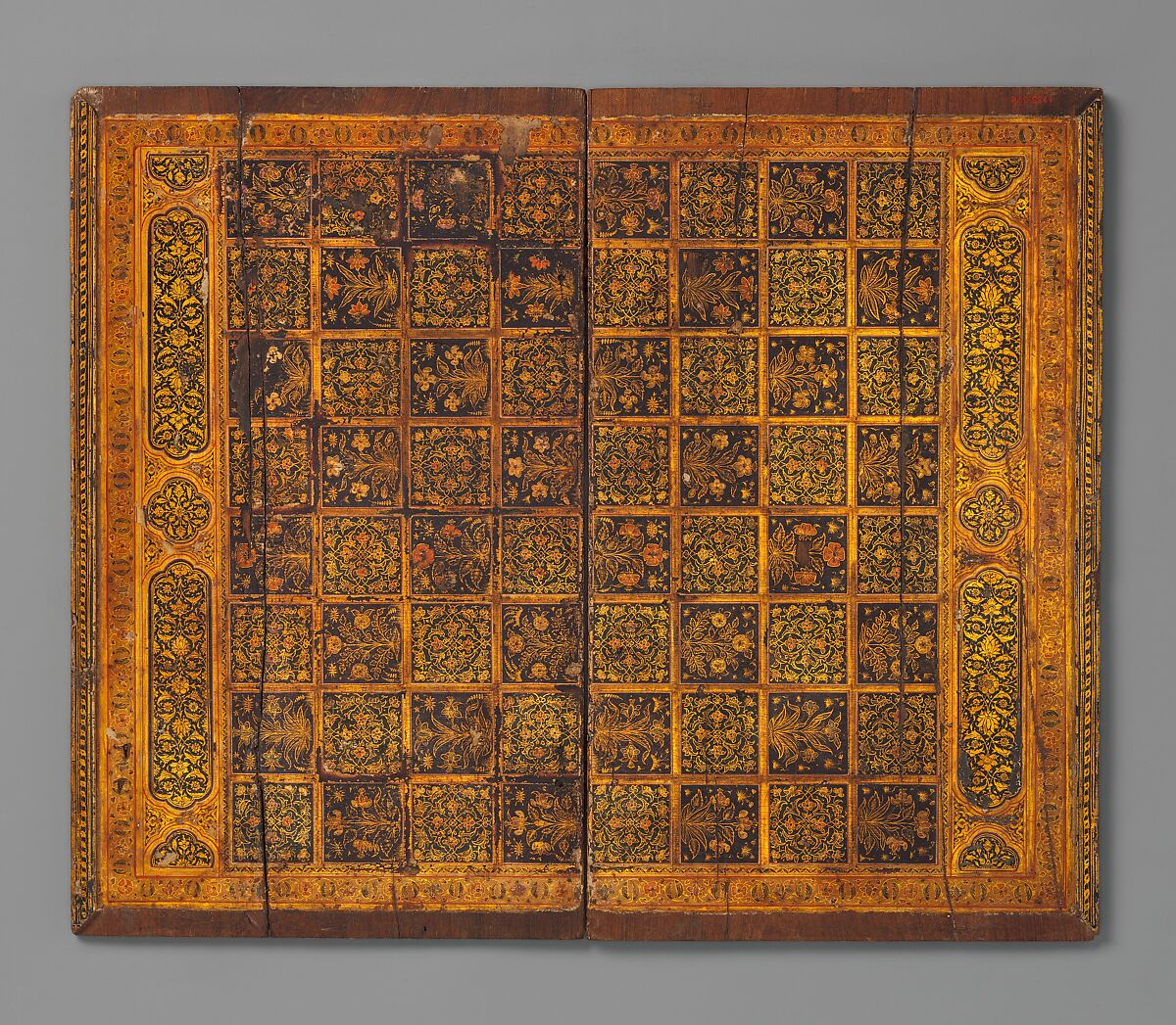 Painted and Inlaid Game Board, Wood; painted, varnished and gilded; with metal hinges