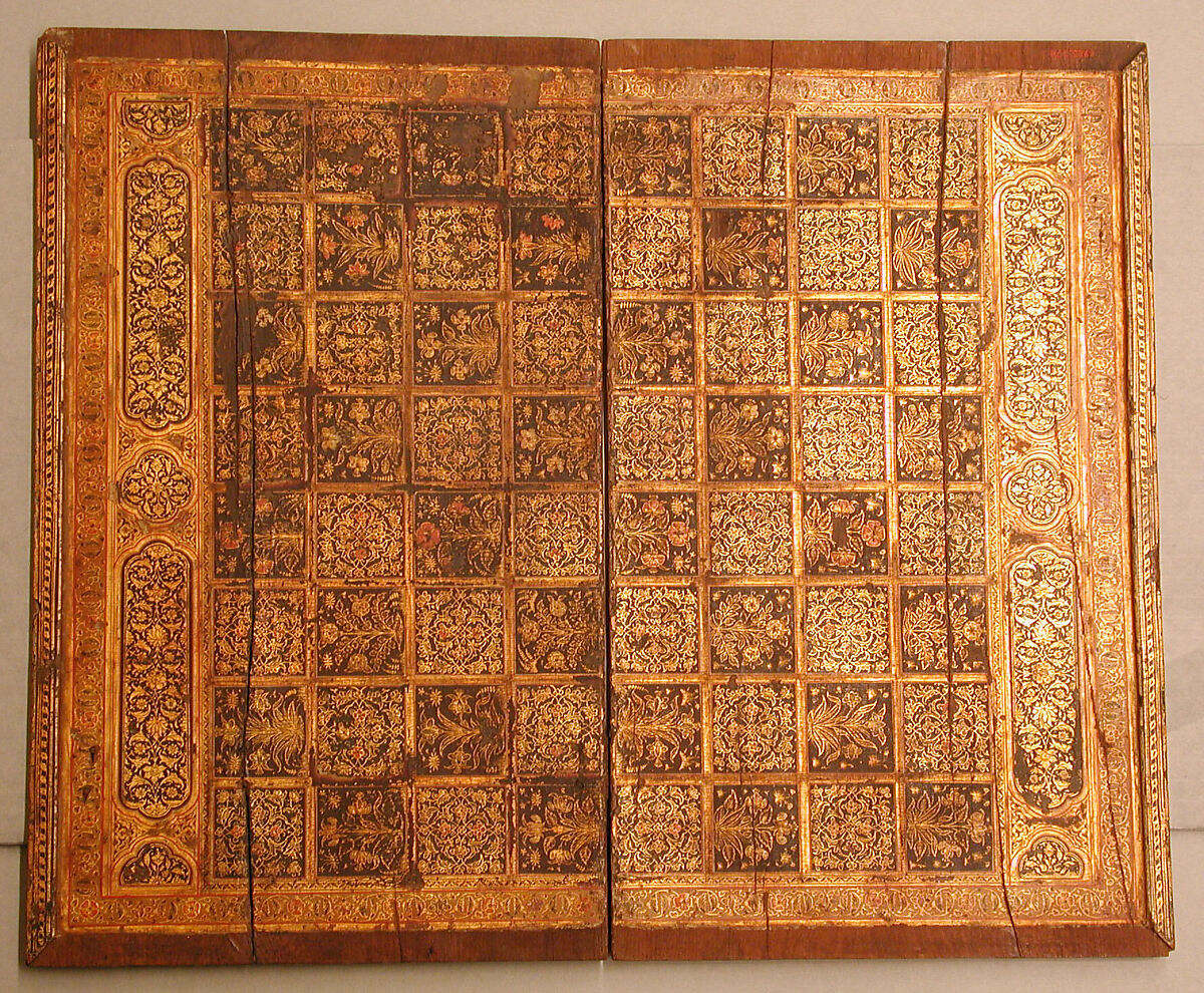 Painted and Inlaid Game Board, Wood; painted, varnished and gilded; with metal hinges