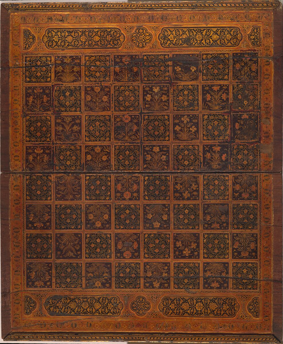 Painted and Inlaid Game Board, Wood; painted, varnished and gilded; with metal hinges