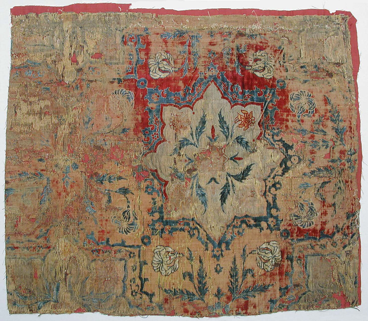 Textile Fragment, Velvet, silk, and metal wrapped yarns 