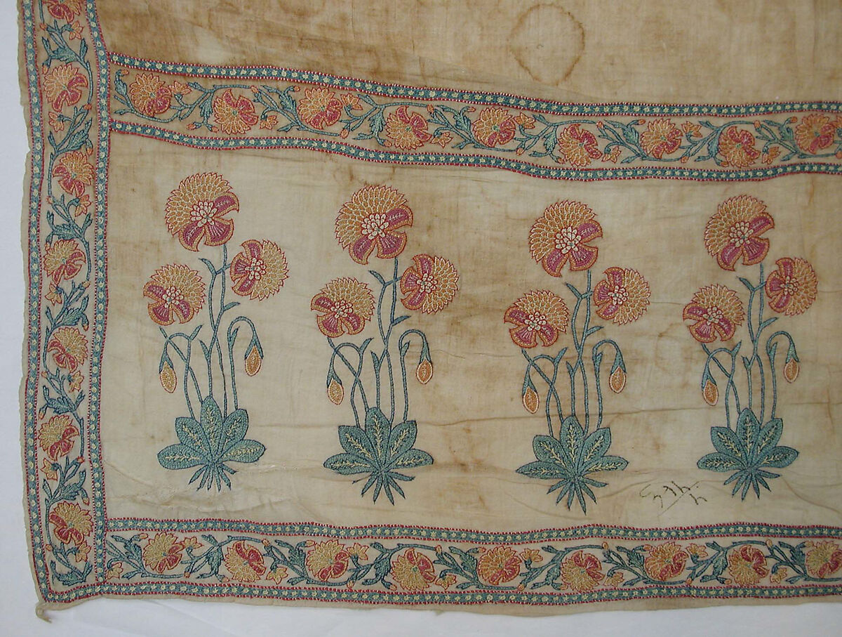 Sash (<Patka>) with a Floral Border, Cotton, silk; plain weave, embroidered