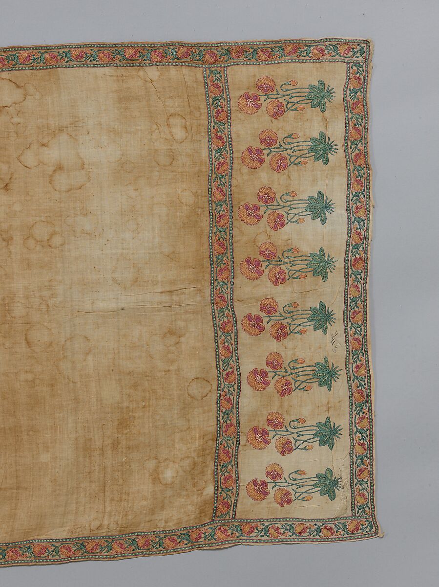Sash (<Patka>) with a Floral Border, Cotton, silk; plain weave, embroidered