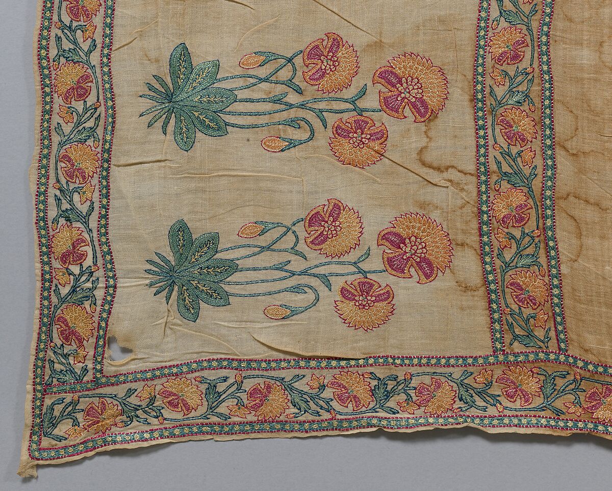 Sash (<Patka>) with a Floral Border, Cotton, silk; plain weave, embroidered
