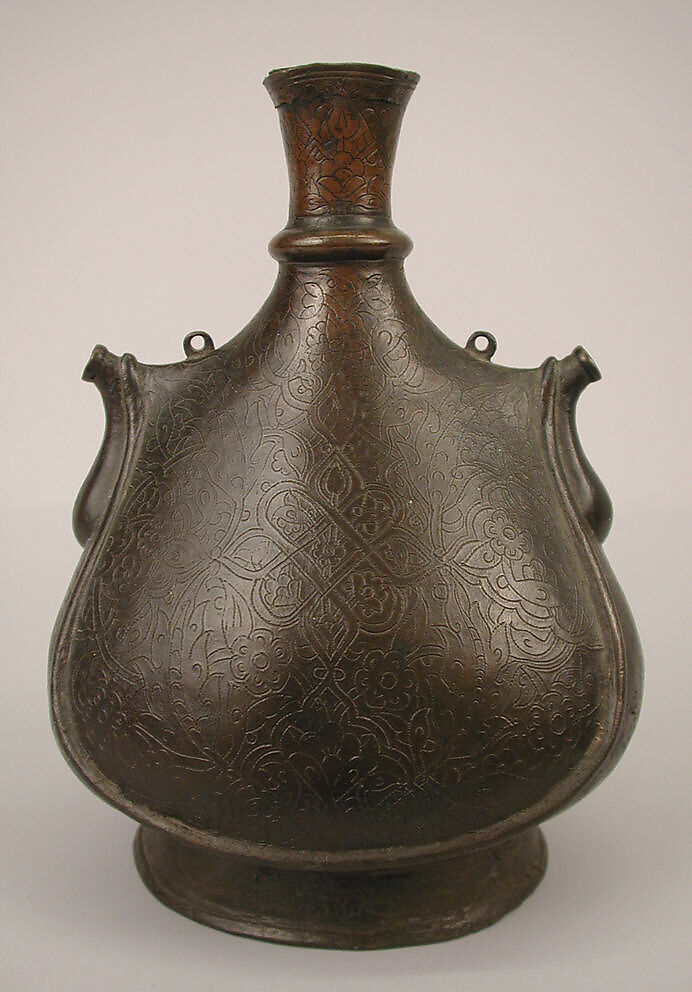 Pilgrim Flask, Copper (tombak); cast, gilded, and engraved
