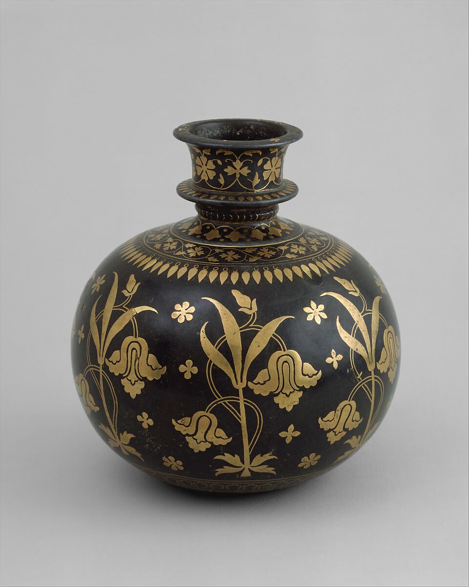 Base for a Water Pipe (Huqqa) with Irises, Zinc alloy; cast, engraved, inlaid with brass (bidri ware)