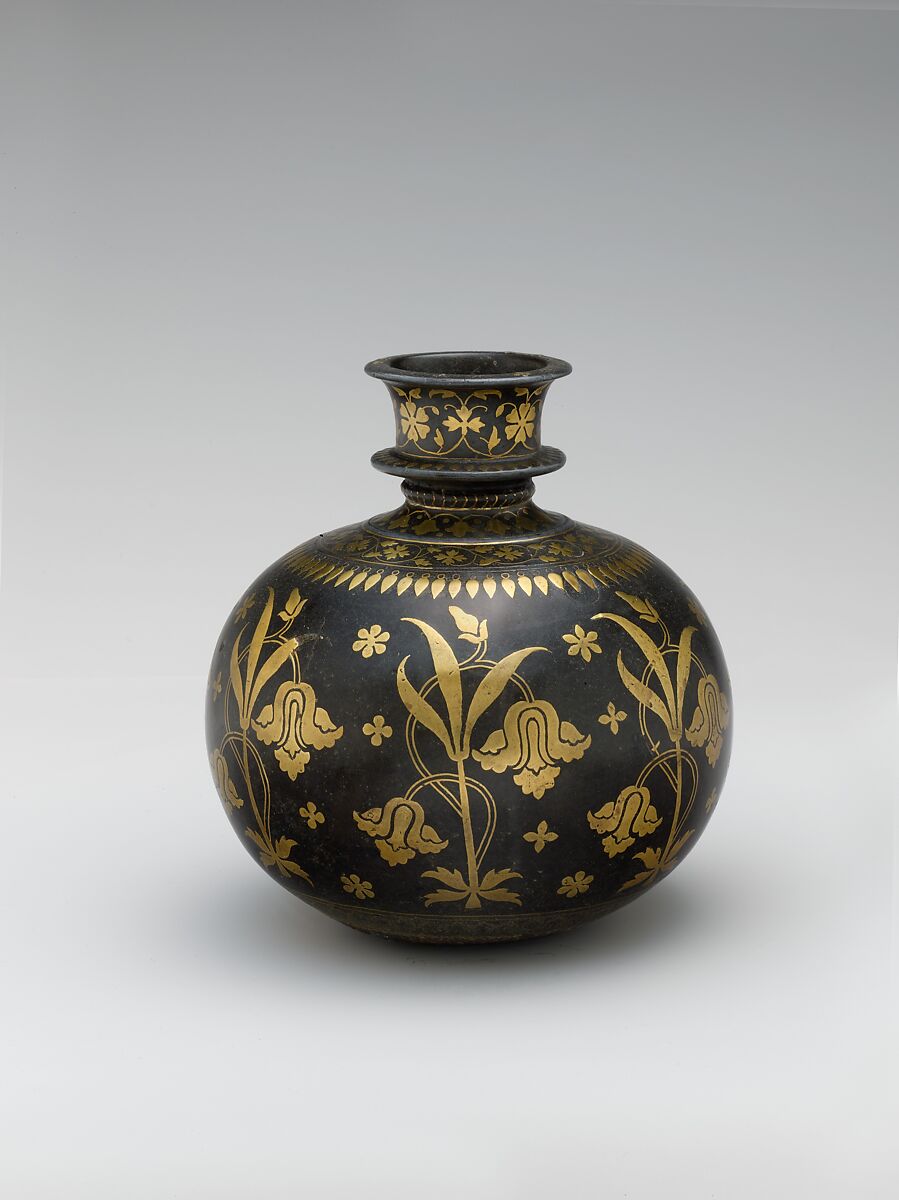 Base for a Water Pipe (Huqqa) with Irises, Zinc alloy; cast, engraved, inlaid with brass (bidri ware) 