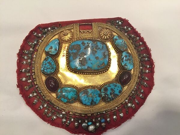 Head Ornament, Gold, turquoise, garnets, and pearls 
