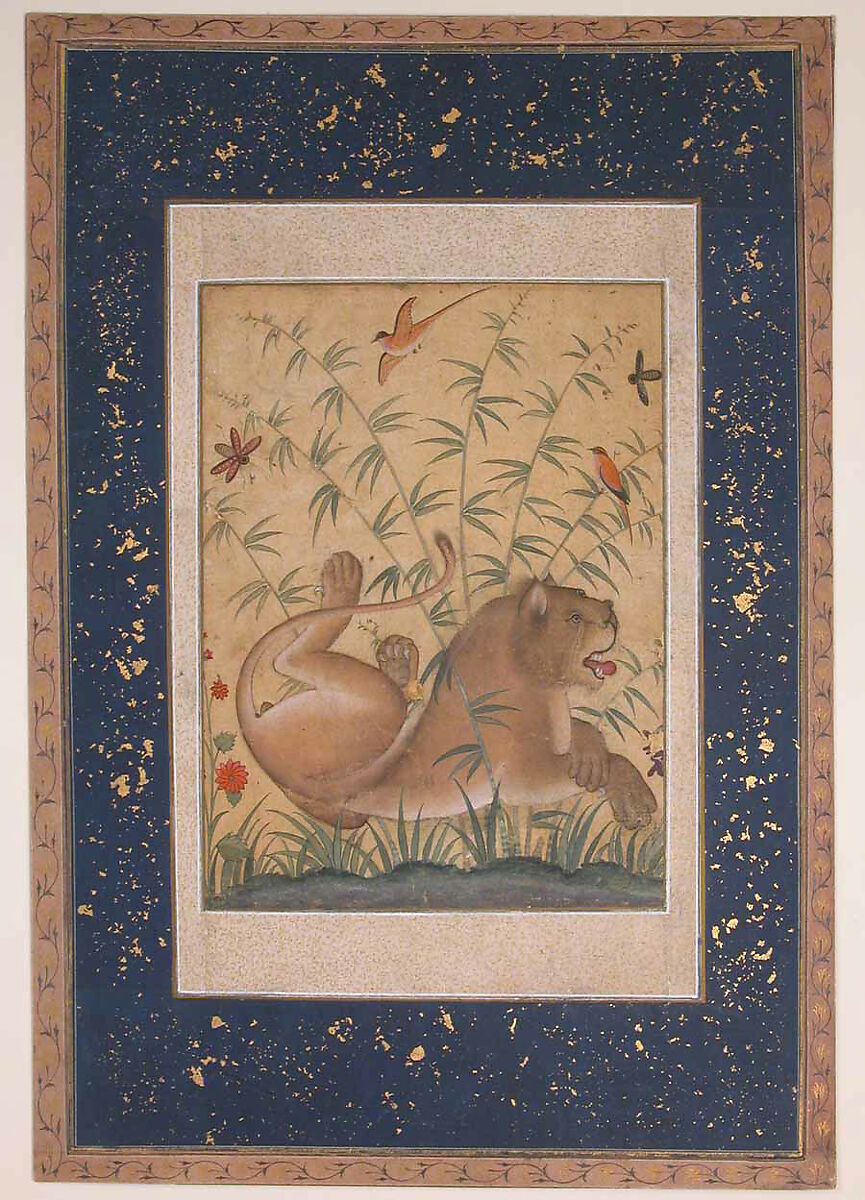 Lion at Rest, Ink, opaque watercolor, silver, and gold on paper