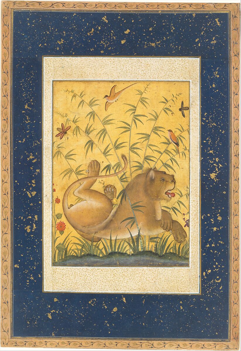 Lion at Rest, Ink, opaque watercolor, silver, and gold on paper