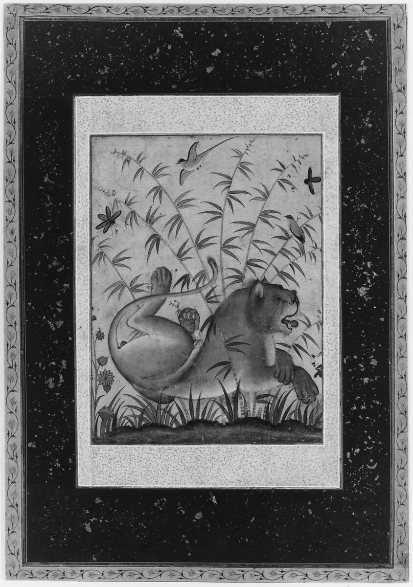 Lion at Rest, Ink, opaque watercolor, silver, and gold on paper